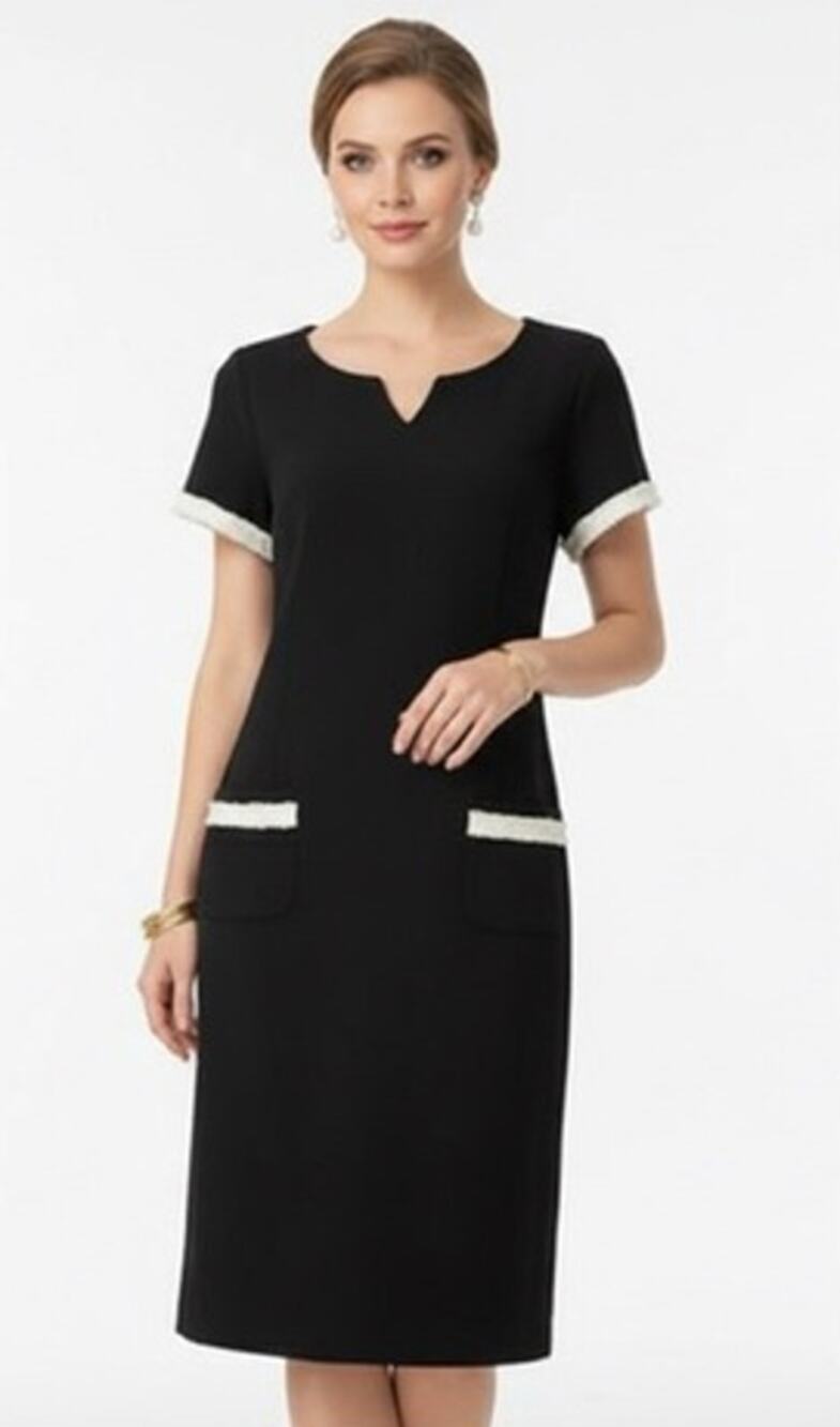 Talbots Ponte Knit Shift Dress Fringe Trim Pocket Contrast Trim 90s, 4 Petite